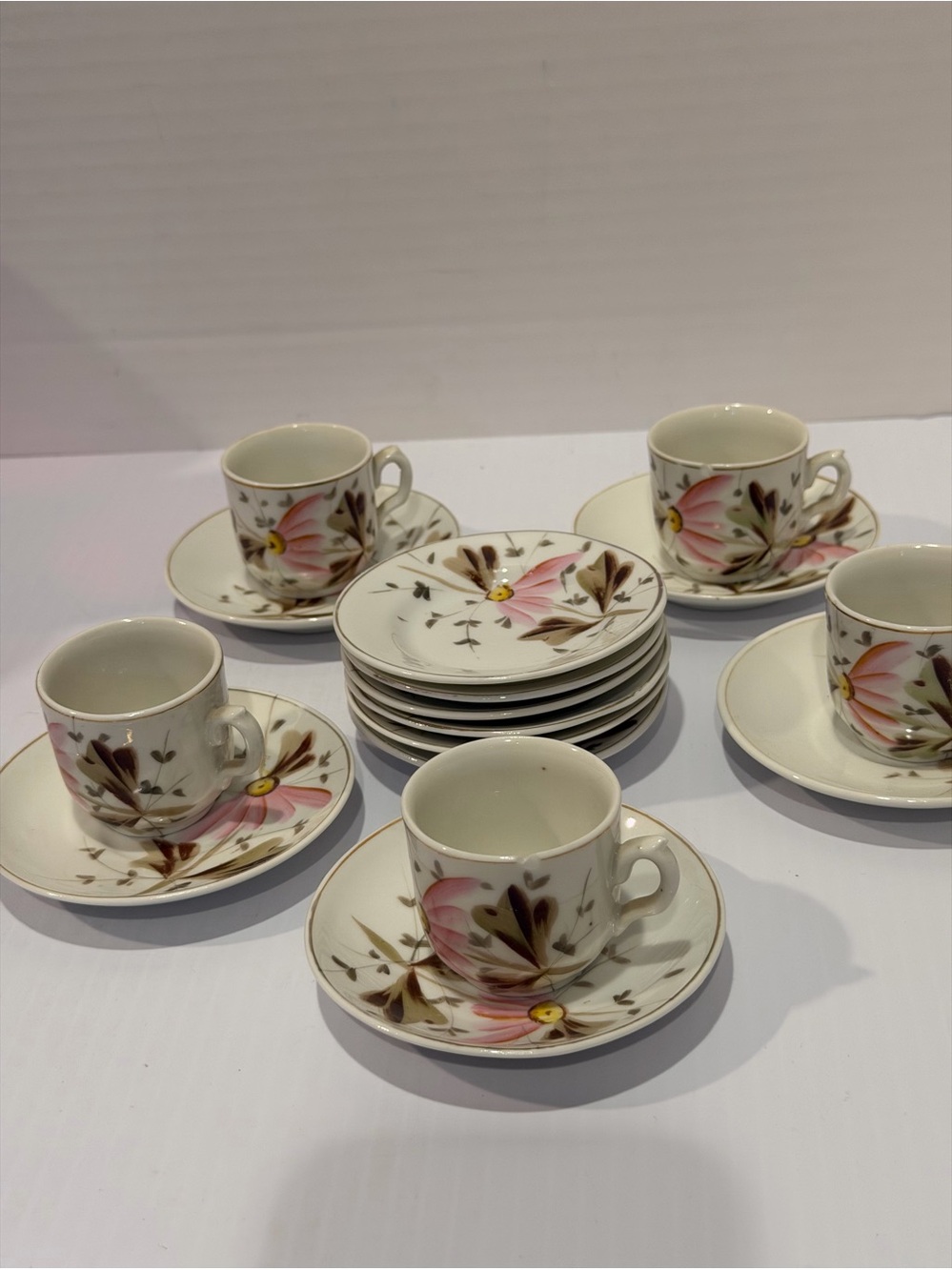 Vintage Mid Century Hand Painted Floral Demitasse Espresso Cups, Saucers, Plates